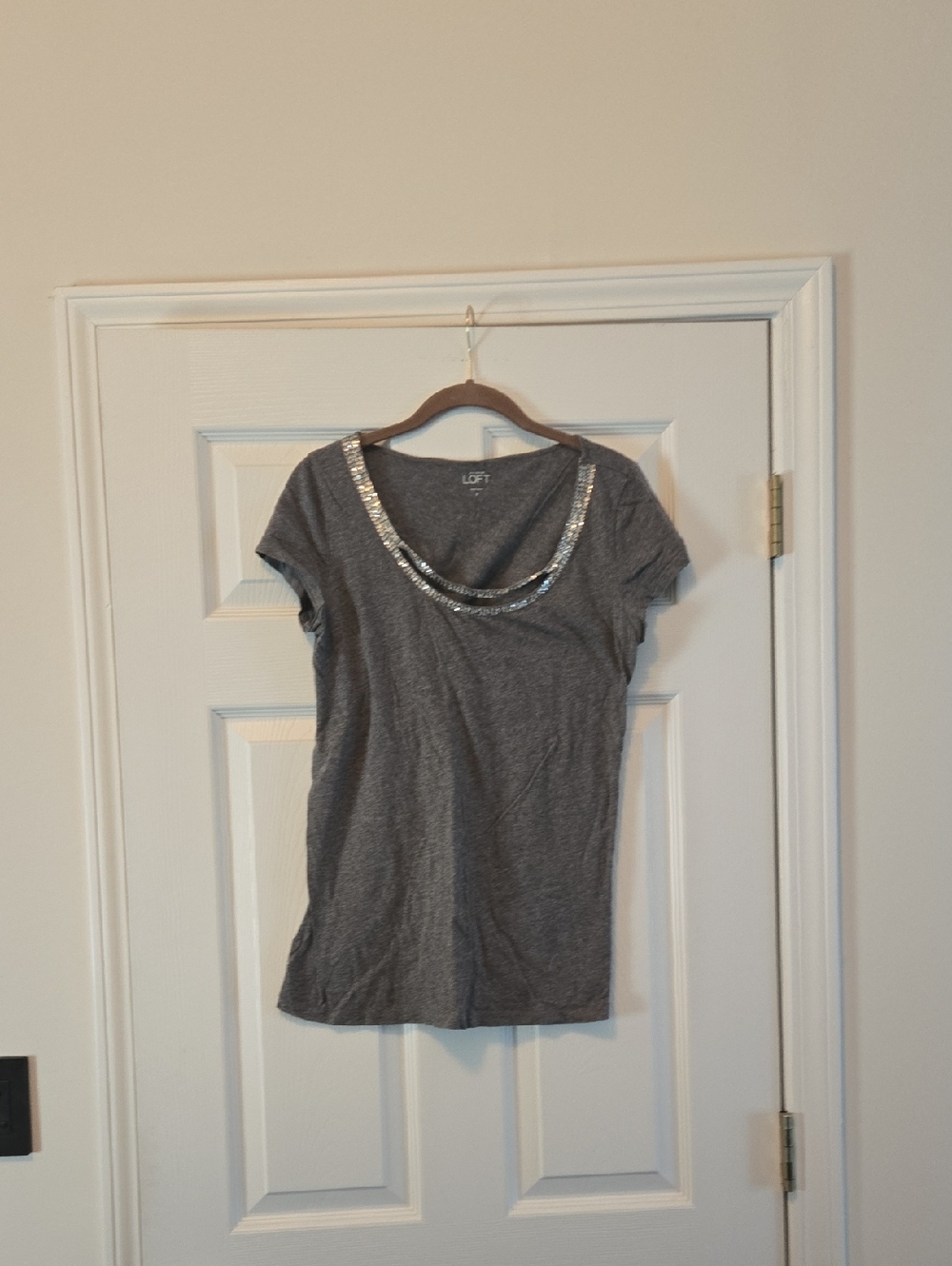 LOFT Gray Short Sleeve Tee with Silver Sequin Scoop